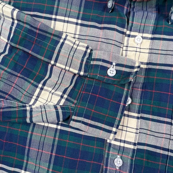 VTG 70’s LL Bean Shirt Mens 16 32 Long Sleeve Button Up Plaid Green Blue Ivory - Picture 4 of 7